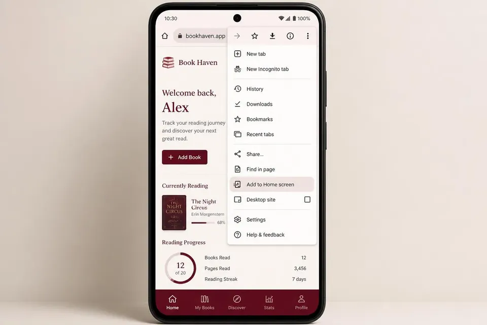 Android Chrome menu showing Add to Home screen option
