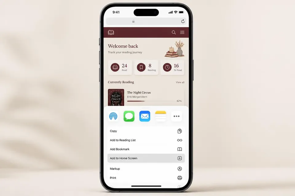iPhone Safari share sheet showing Add to Home Screen steps